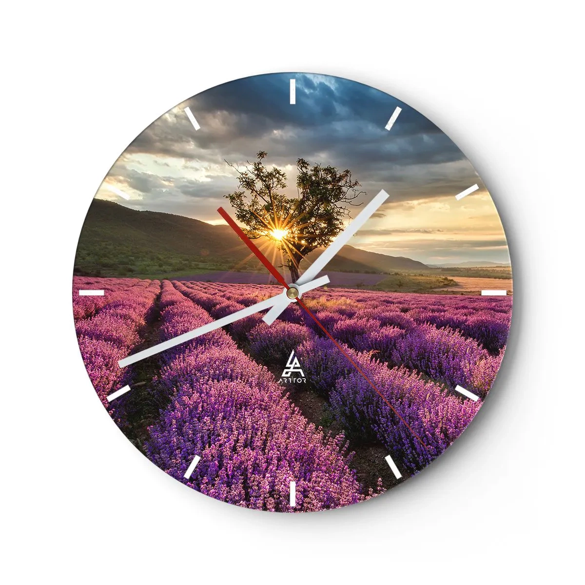Wall clock - Clock on glass - lavender field at sunset with a lone tree - 30x30cm - Lilac Coloured Aroma - Modern wall decoration for the living room, kitchen, and bedroom ARTTOR