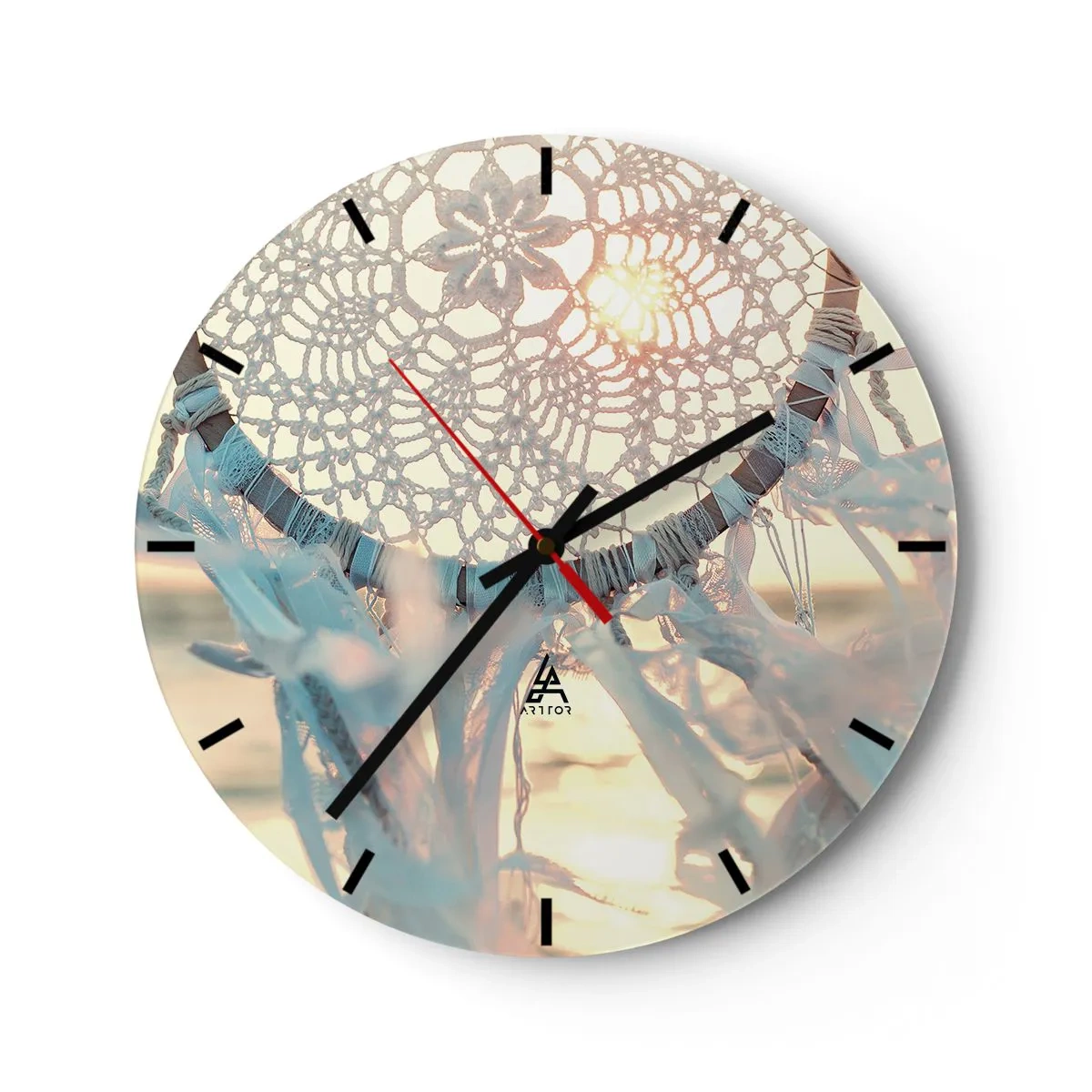 Wall clock - Clock on glass - Lace dream catcher with ribbons in the sunset rays - 30x30cm - Lace Totem - Modern wall decoration for the living room, kitchen, and bedroom ARTTOR