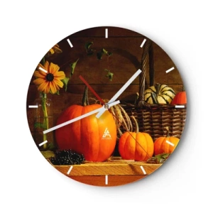 Wall clock - Clock on glass - A composition of pumpkins, sunflowers and a wicker basket - 30x30cm - Rustic Composition - Fruit of Autumn - Modern wall decoration for the living room, kitchen, and bedroom ARTTOR