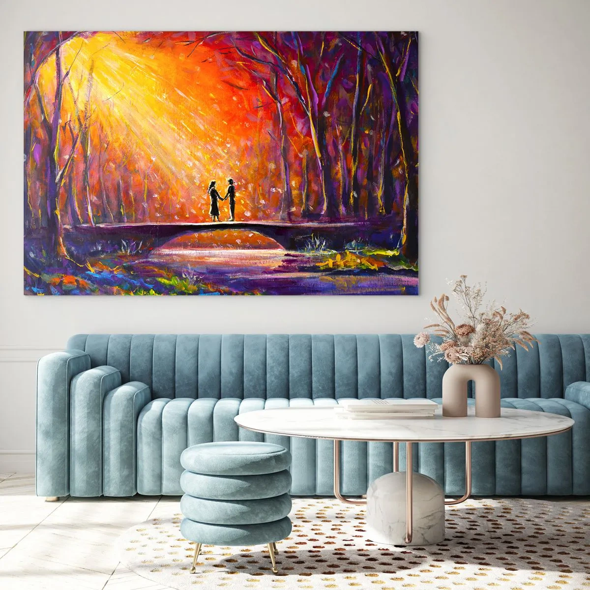 Glass picture - A couple on a bridge in the light of the setting sun, surrounded by trees. - 70x50cm - Heaven Loves Them Too - Modern wall decoration for the living room and bedroom ARTTOR