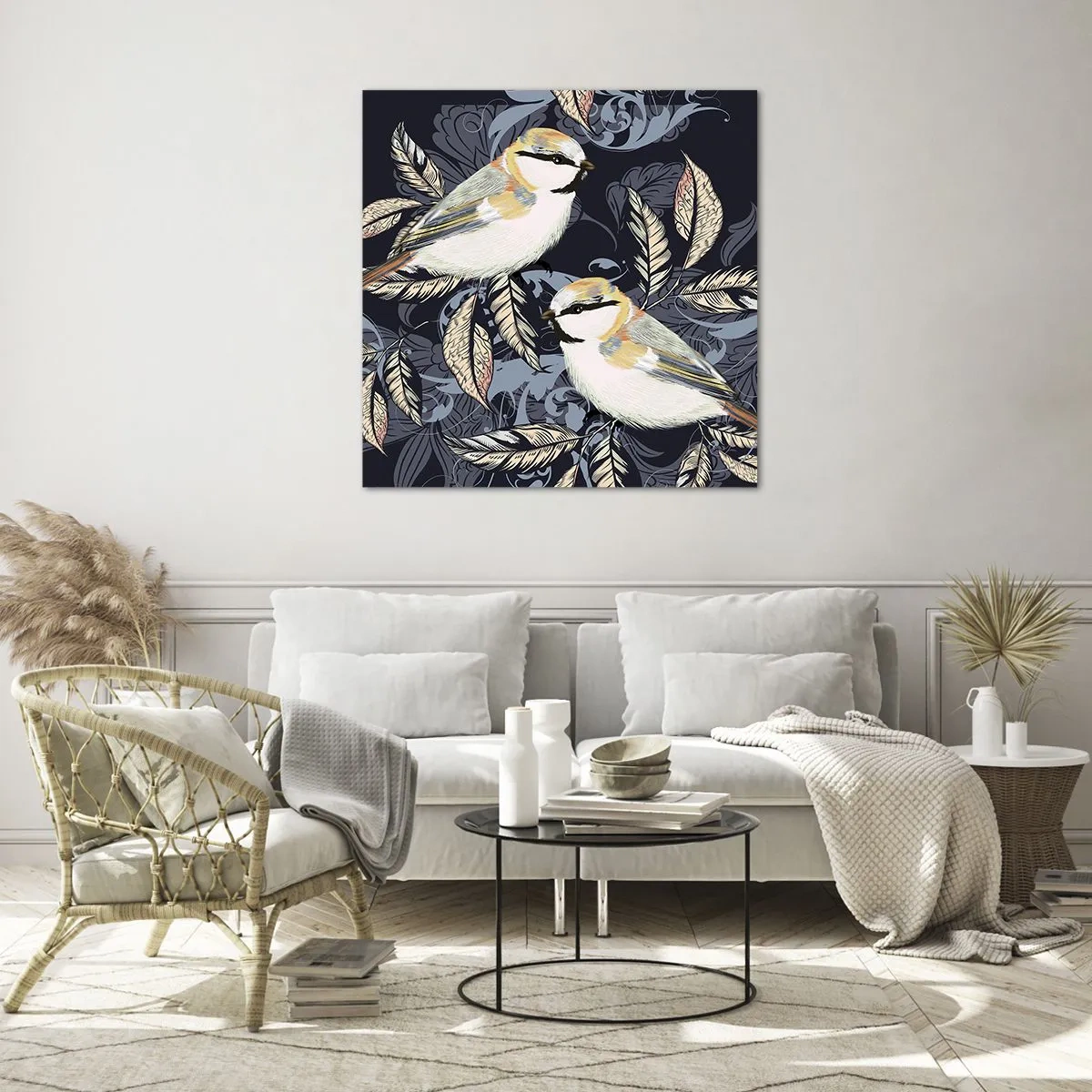 Glass picture - Blue and Yellow Chirp - 40x40 cm