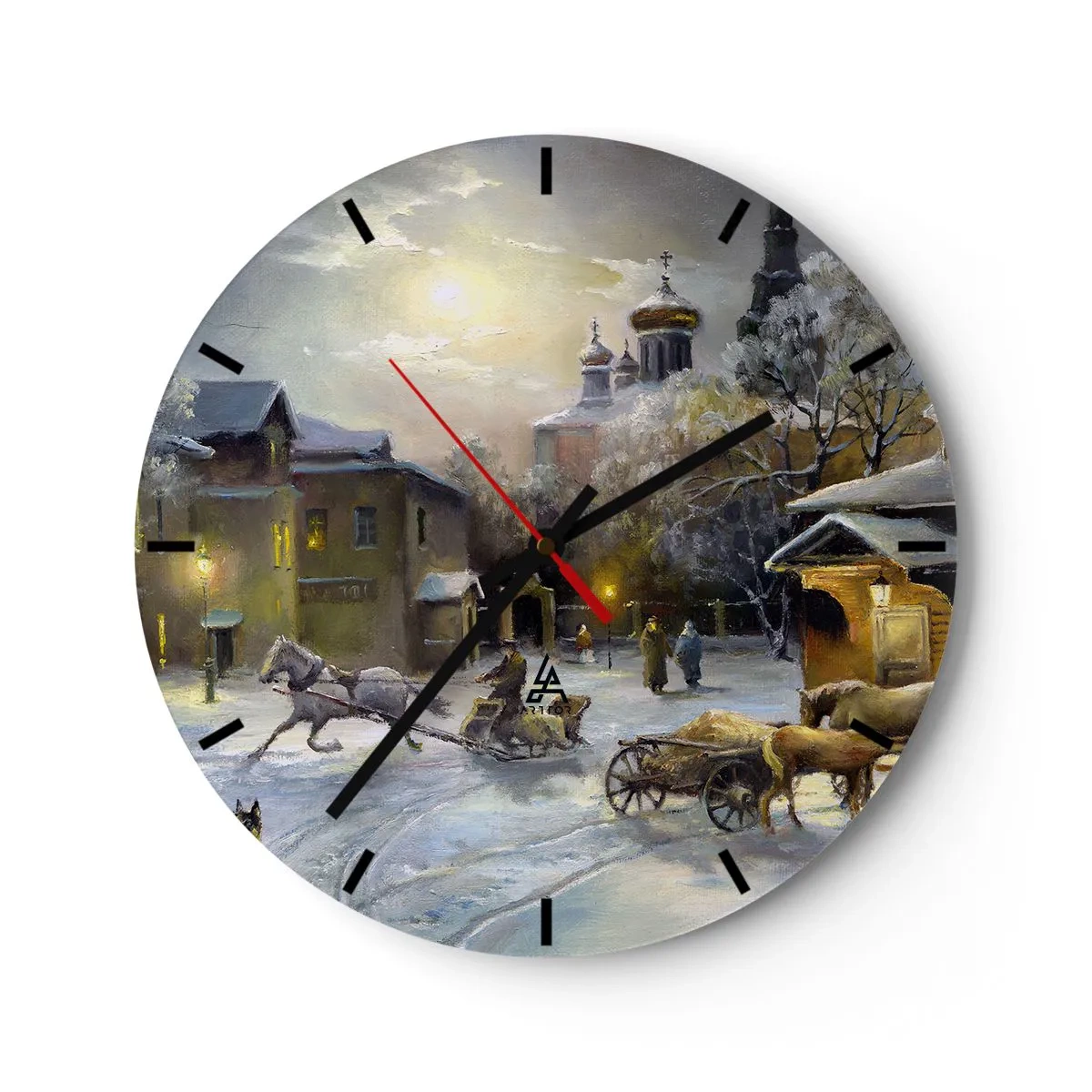 Wall clock - Clock on glass - Winter landscape with horses and a church in the background - 30x30cm - Magic of Russian Winter - Modern wall decoration for the living room, kitchen, and bedroom ARTTOR