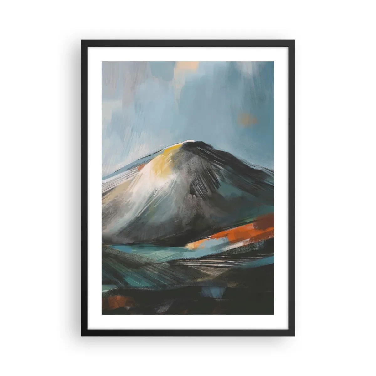 Poster in black frame - Abstract mountain landscape in shades of navy blue and orange - 50x70cm - Raw and Beautiful - Modern wall decoration for the living room and bedroom ARTTOR