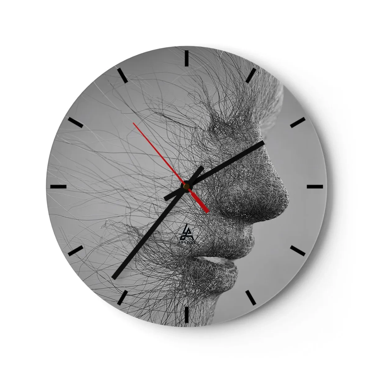 Wall clock - Clock on glass - Abstract face with thin lines on a gray background - 30x30cm - Spirit of the Wind - Modern wall decoration for the living room, kitchen, and bedroom ARTTOR