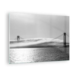 Glass picture - A bridge in black and white with fog over the water - 70x50cm - Sailing through the Golden Gate - Modern wall decoration for the living room and bedroom ARTTOR