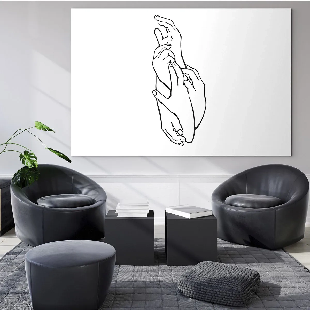 Glass picture - A subtle linear drawing of clasped hands on a white background. - 70x50cm - Good Touch - Modern wall decoration for the living room and bedroom ARTTOR