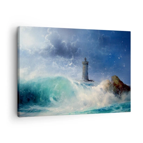 Canvas picture - A lighthouse surrounded by rough waves and clouds - 70x50cm - Standing Guard against the Elements - Modern wall decoration for the living room and bedroom ARTTOR