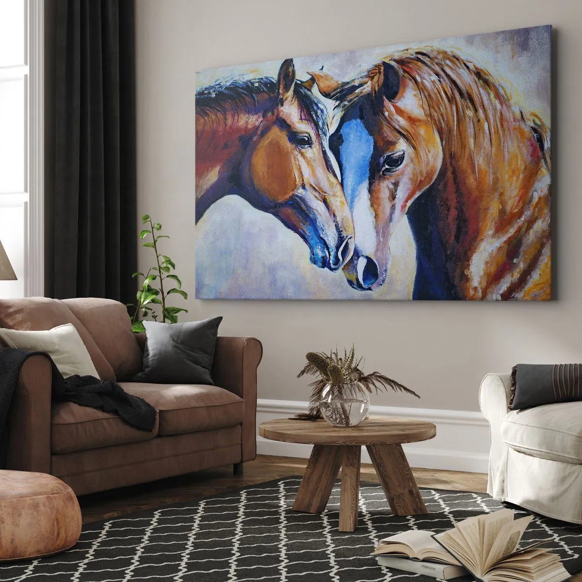 Canvas picture - A pictorial representation of two horses in a friendly setting. - 70x50cm - Is This Friendship Or Love? - Modern wall decoration for the living room and bedroom ARTTOR