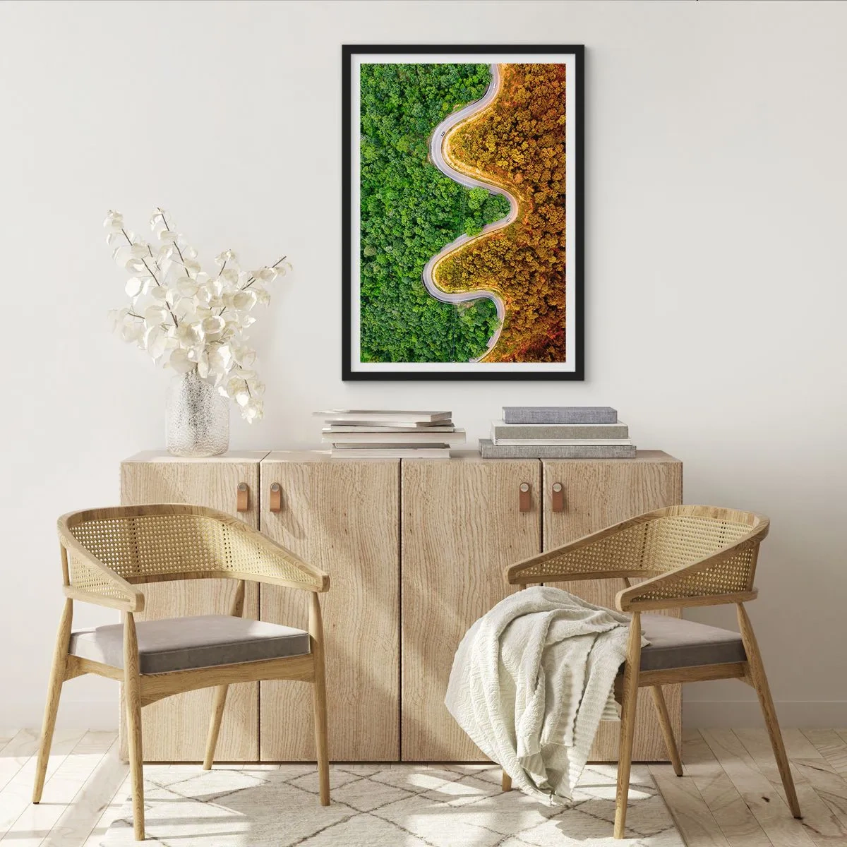 Poster in black frame - A road winding through a forest divided into green and autumn parts - 50x70cm - Borders and Breakthroughs - Modern wall decoration for the living room and bedroom ARTTOR