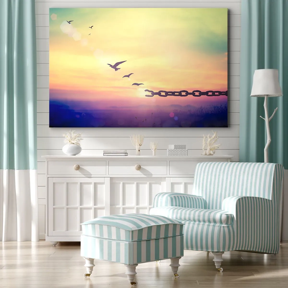 Canvas picture - Symbol of freedom with birds and a broken chain - 70x50cm - Victory of Freedom - Modern wall decoration for the living room and bedroom ARTTOR