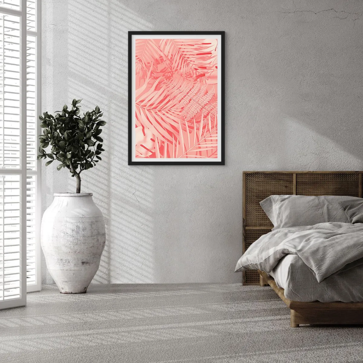 Poster in black frame - Pink fern and palm leaves on a pastel background - 50x70cm - Pink Concept - Modern wall decoration for the living room and bedroom ARTTOR