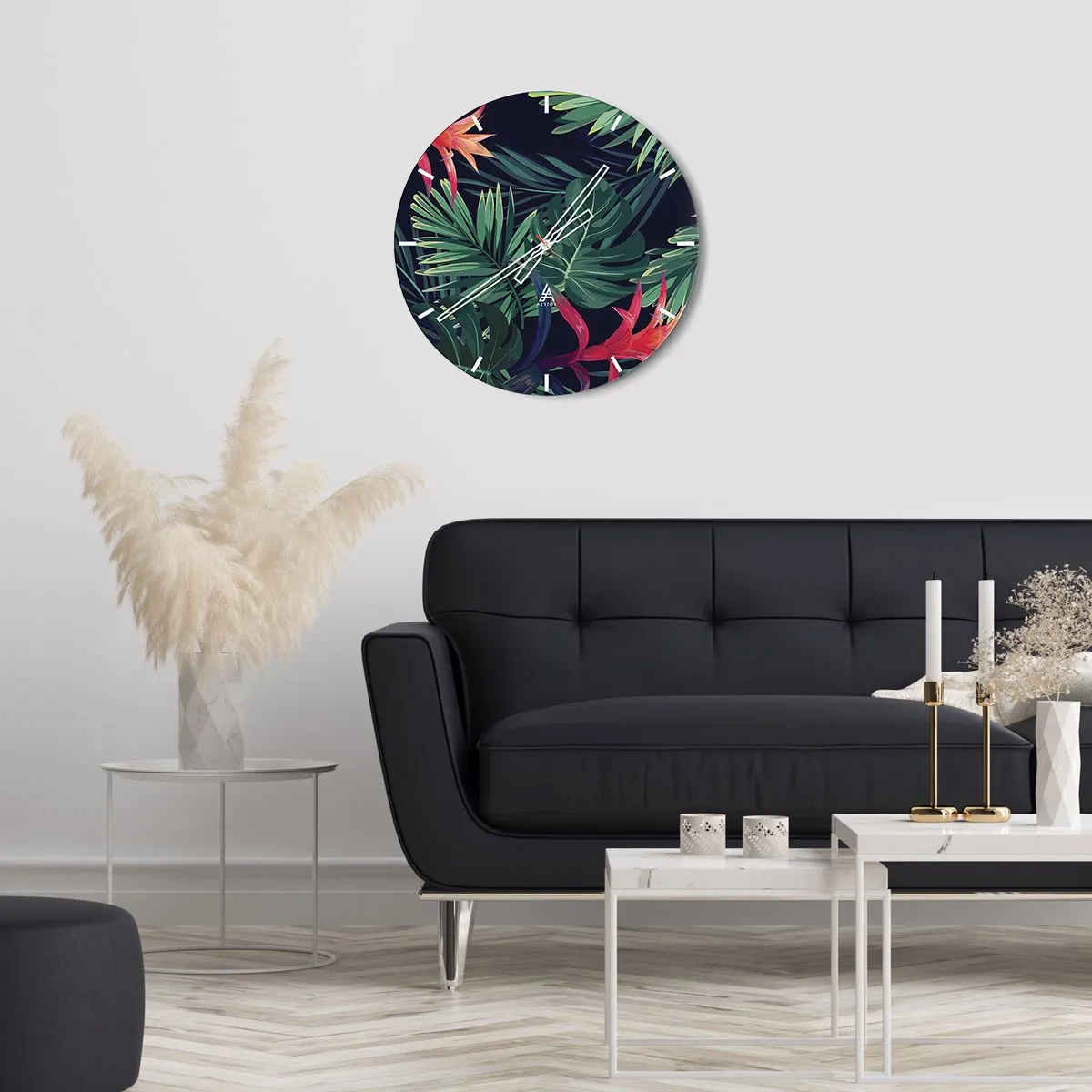 Wall clock - Clock on glass - Tropical leaves and flowers on a dark background - 30x30cm - Burn in Green - Modern wall decoration for the living room, kitchen, and bedroom ARTTOR