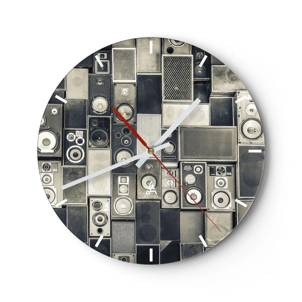 Wall clock - Clock on glass - Retro-style speaker set - 30x30cm - And Music Is Playing - Modern wall decoration for the living room, kitchen, and bedroom ARTTOR