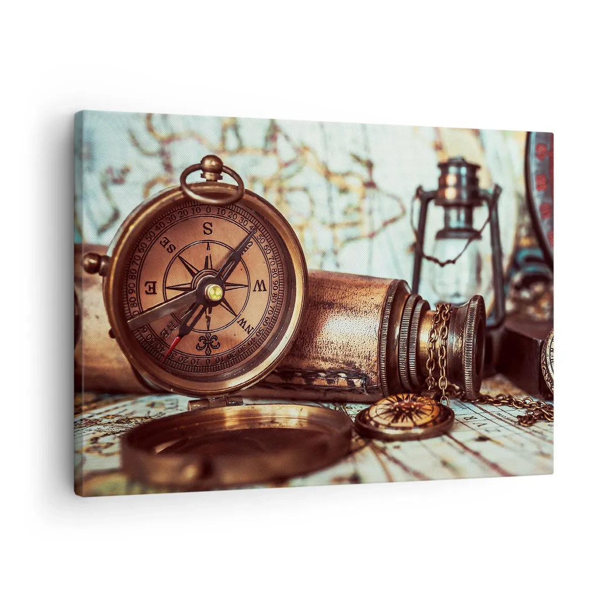 Canvas picture - A retro set with a compass, telescope and map in a travel theme - 70x50cm - Pirate Adventure in the Caribbean - Modern wall decoration for the living room and bedroom ARTTOR