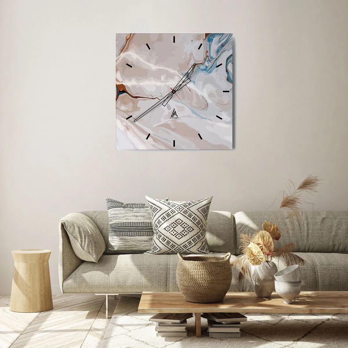 Wall clock - Clock on glass - Blue Meanders under White - 40x40 cm