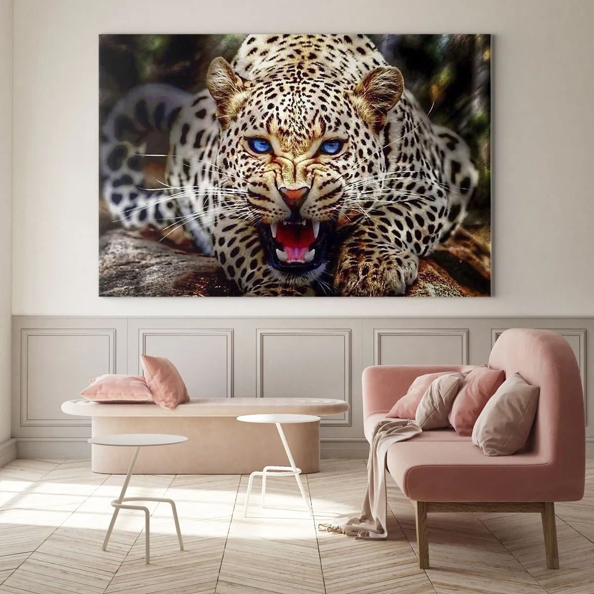 Glass picture - A fierce blue-eyed leopard in the wild - 70x50cm - Angry but Still Beautiful - Modern wall decoration for the living room and bedroom ARTTOR