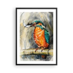 Poster in black frame - A water lion holding a fish against a natural landscape in a watercolor style. - 50x70cm - Law of Nature - Modern wall decoration for the living room and bedroom ARTTOR