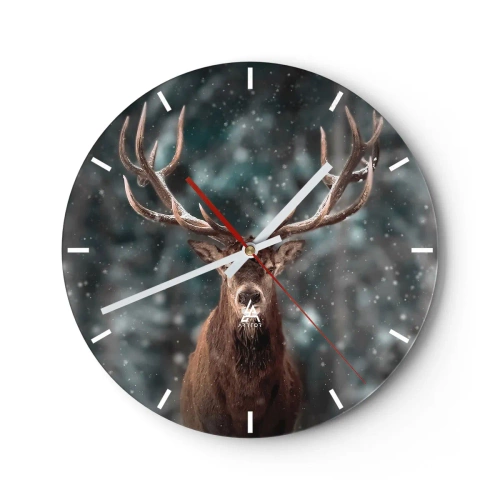 Wall clock - Clock on glass - A proud deer in a snowy forest with blurred trees in the background - 30x30cm - King of Forest Crowned - Modern wall decoration for the living room, kitchen, and bedroom ARTTOR