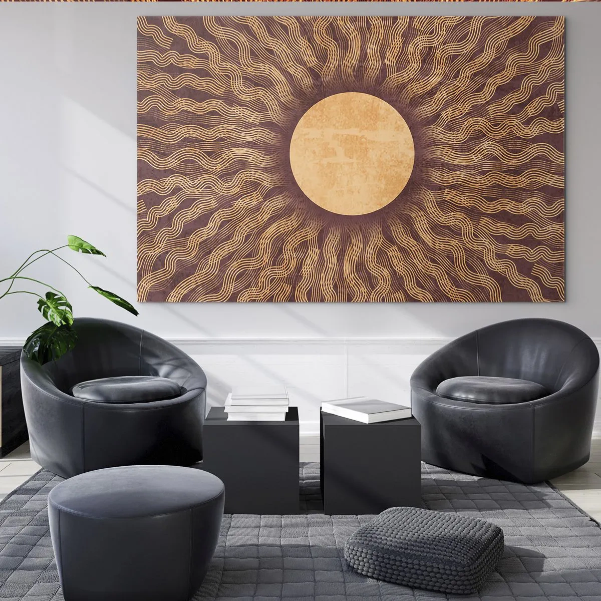 Glass picture - A stylized sun with rays in the form of wavy lines on a brown background. - 70x50cm - Sun Icon - Modern wall decoration for the living room and bedroom ARTTOR