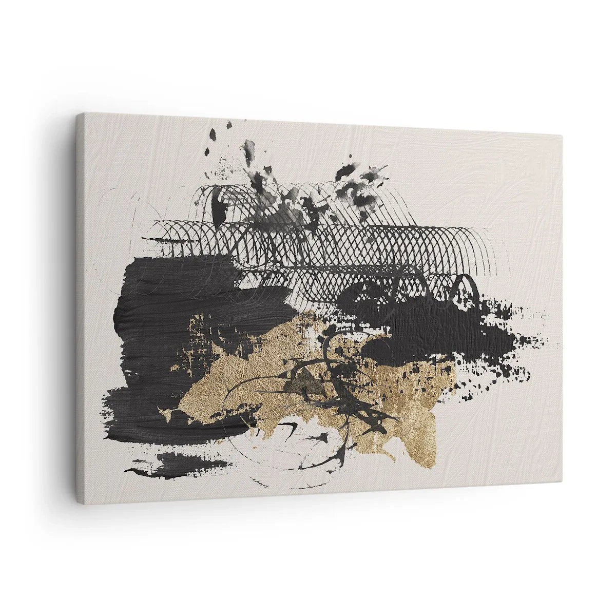 Canvas picture - An abstract painting in black and gold with dynamic lines and structures. - 70x50cm - Composition With Passion - Modern wall decoration for the living room and bedroom ARTTOR