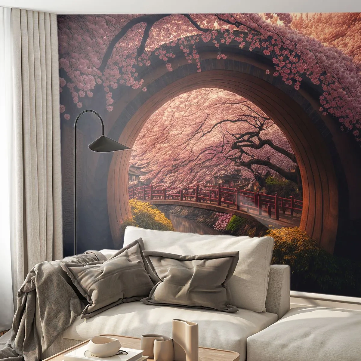 Photo Wallpaper Premium Canvas - Japanese Spring - Bridge, Japan, Japanese cherry - 200x140 cm