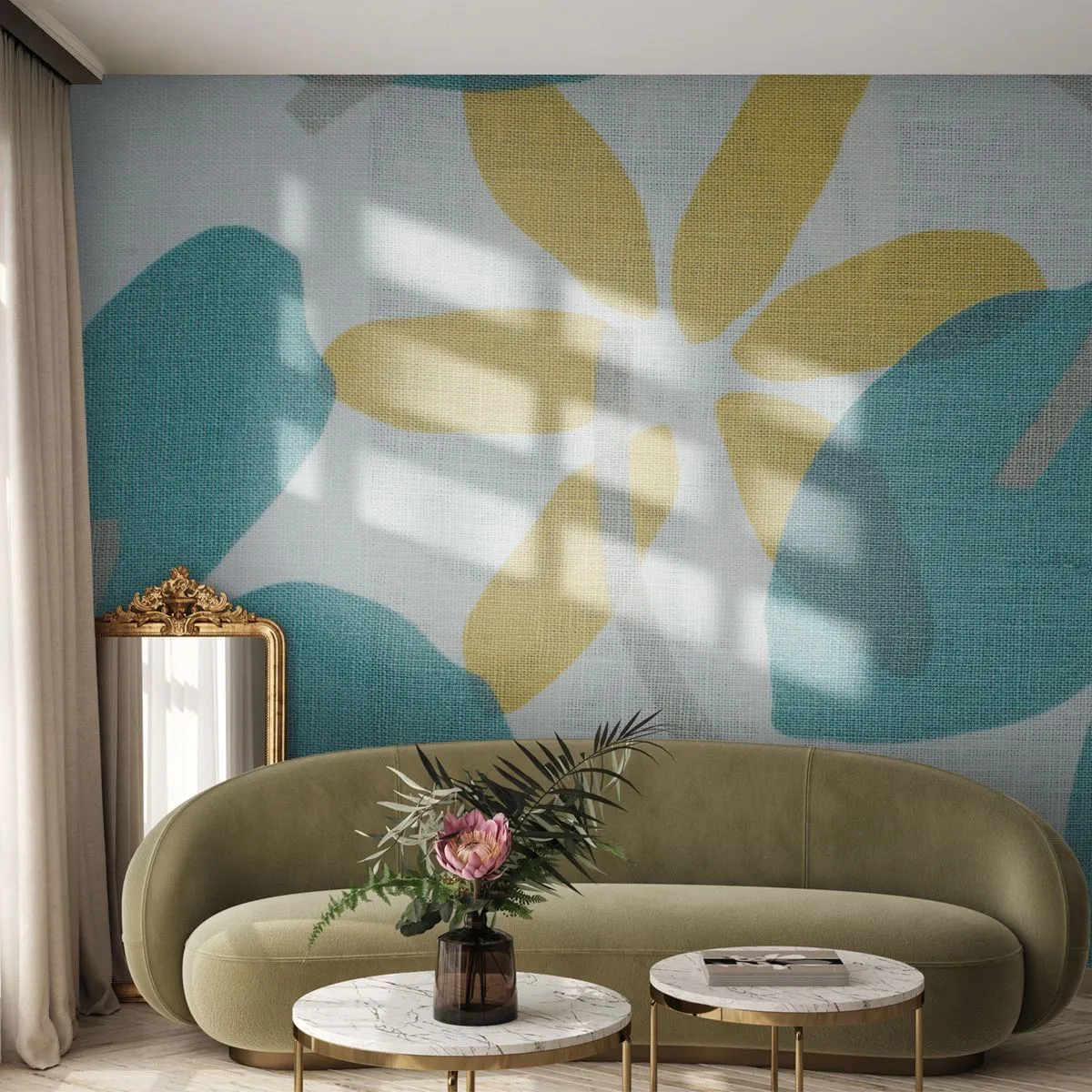 Photo Wallpaper Premium Sand - Among Azure Leaves - Boho, Flowers, Minimalism - 300x210 cm