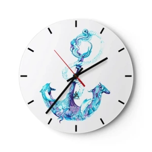 Wall clock - Clock on glass - Drawing of an anchor in nautical colors with delicate patterns - 30x30cm - Trustee of the Sea - Modern wall decoration for the living room, kitchen, and bedroom ARTTOR
