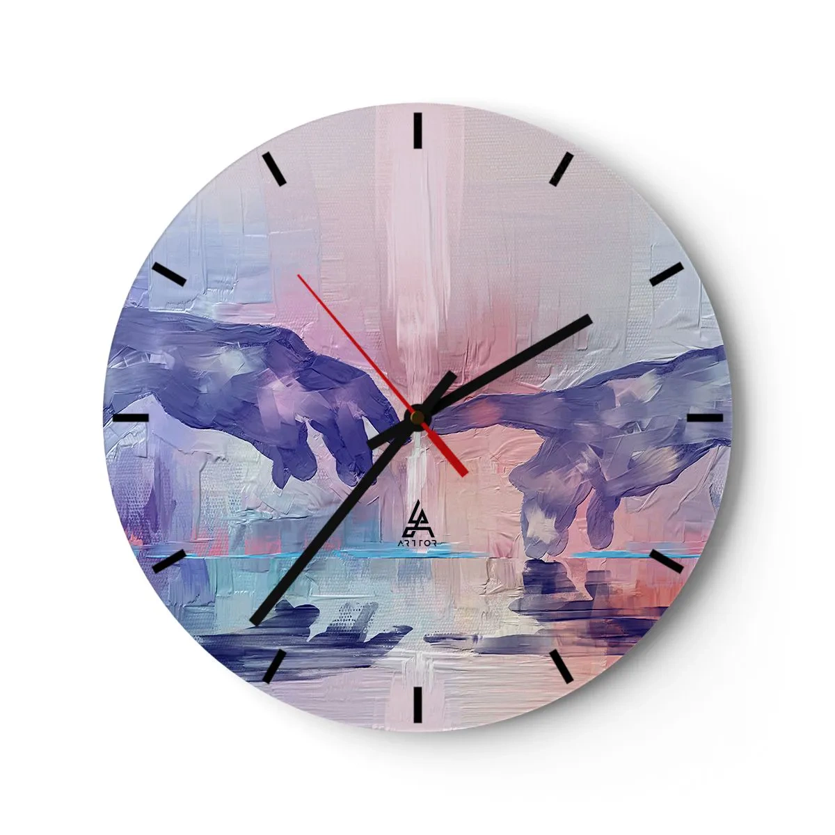 Wall clock - Clock on glass - Two hands in pastel abstraction inspired by art - 30x30cm - Godly Spark of Life - Modern wall decoration for the living room, kitchen, and bedroom ARTTOR