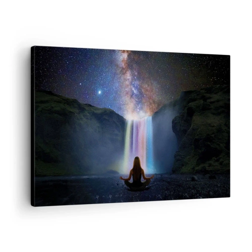 Canvas picture - Meditation in front of a waterfall among the stars - 70x50cm - Absolute Harmony - Modern wall decoration for the living room and bedroom ARTTOR