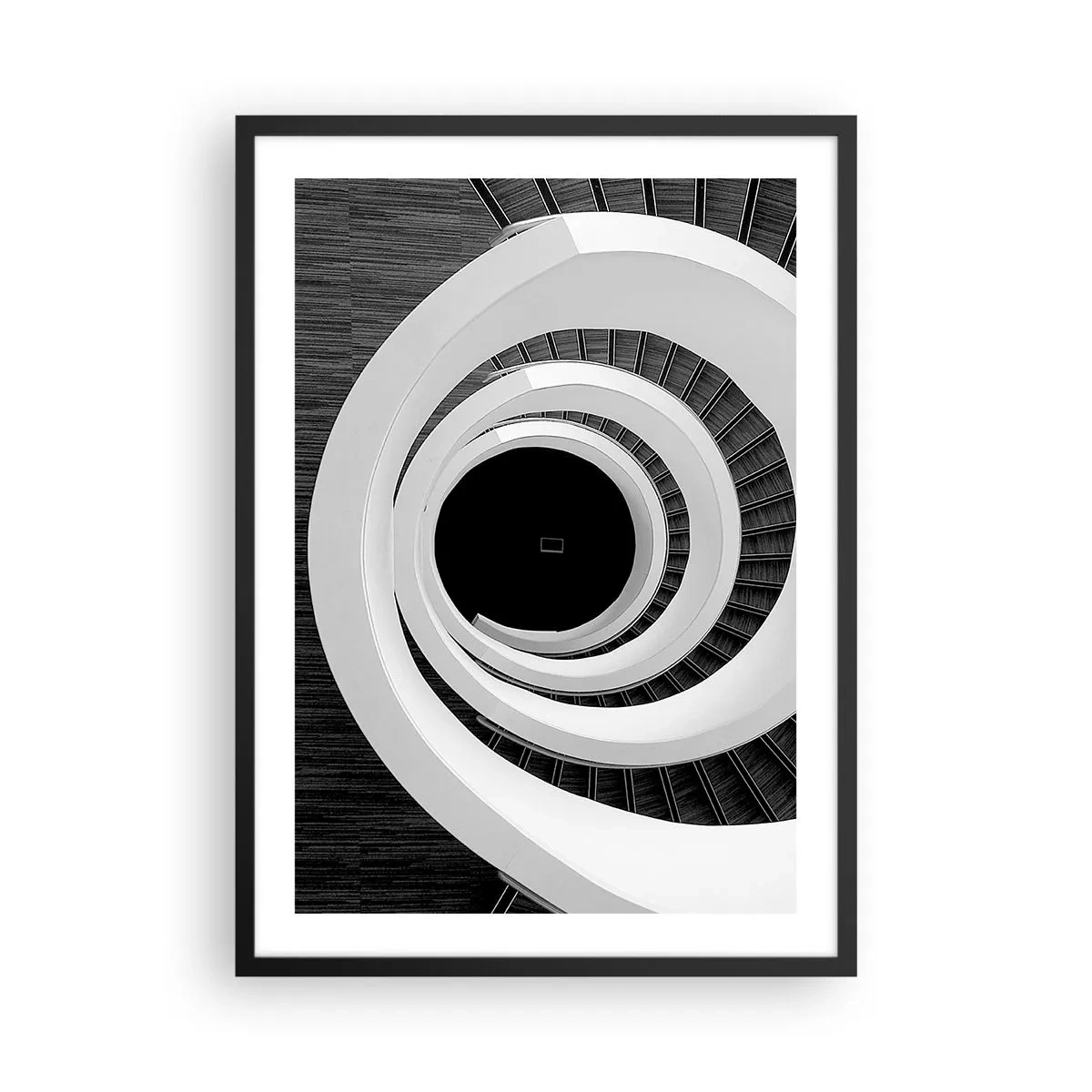 Poster in black frame - A spiral staircase in black and white with an abstract design - 50x70cm - To the Point of the Matter - Modern wall decoration for the living room and bedroom ARTTOR