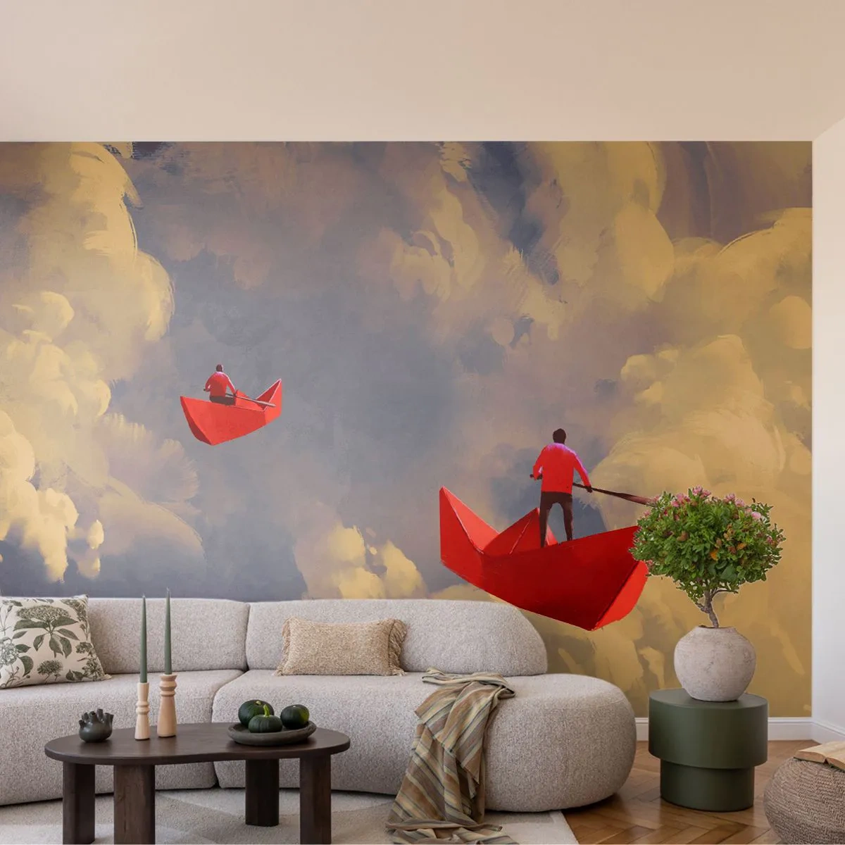 Photo Wallpaper Standard Eco - A surreal scene with floating boats - 100x70cm - Dream Trip - Modern wall decoration for the living room and bedroom ARTTOR