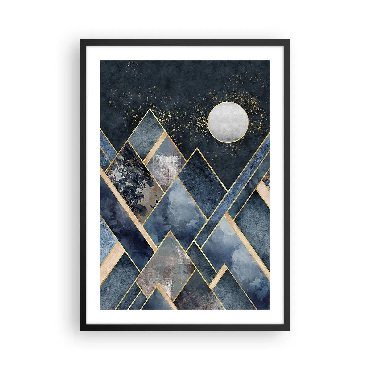 Poster in black frame - Geometric mountains in shades of navy blue and gold - 50x70cm - Geometrical Landscape - Modern wall decoration for the living room and bedroom ARTTOR