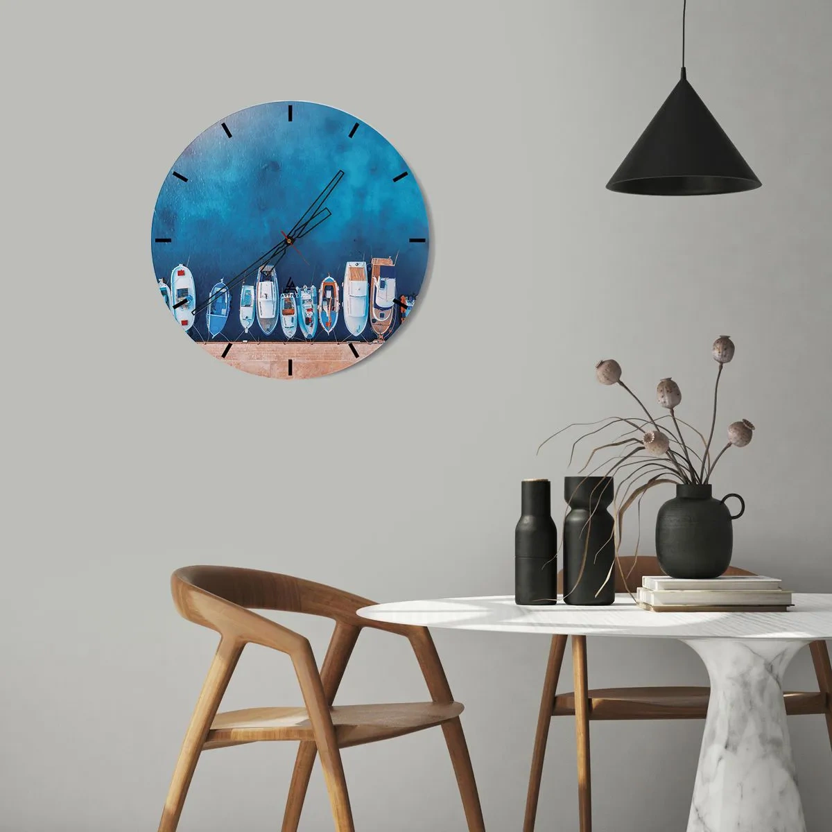 Wall clock - Clock on glass - A row of boats moored at the quay in the blue water - 30x30cm - In One Row - Modern wall decoration for the living room, kitchen, and bedroom ARTTOR