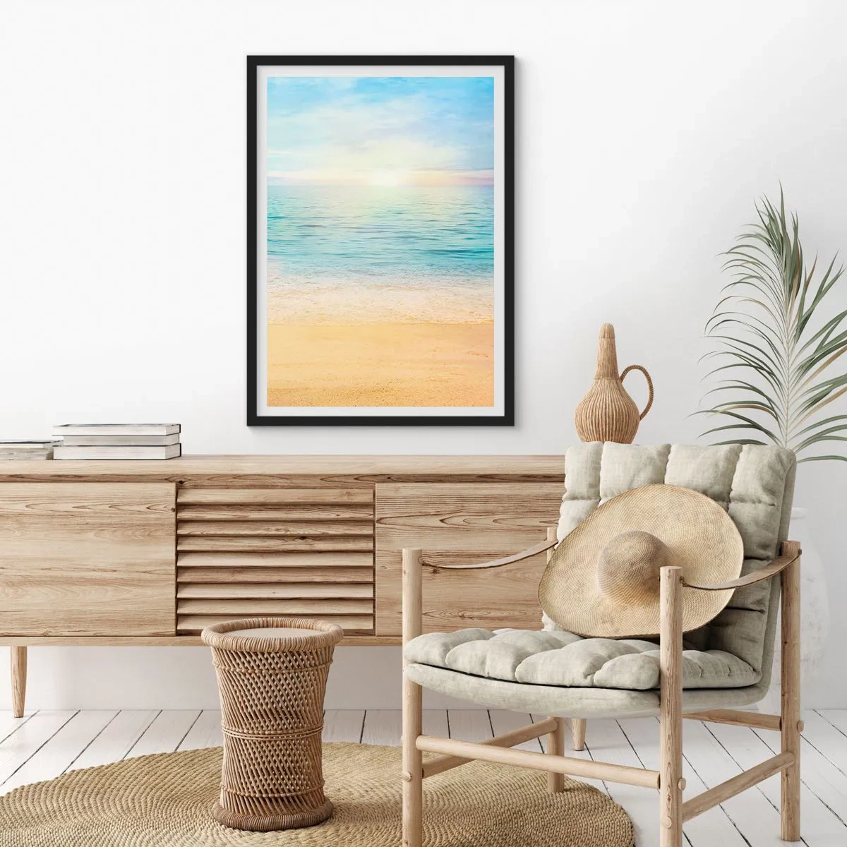 Poster in black frame - Peaceful view of the beach and sea at sunrise - 50x70cm - The Big Blue - Modern wall decoration for the living room and bedroom ARTTOR