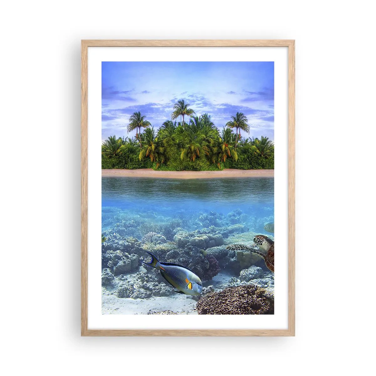 Poster in light oak frame - Heavenly Island Invites You - 50x70 cm