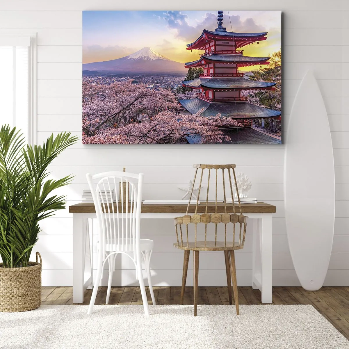 Canvas picture - A pagoda in Japan with cherry blossoms and Mount Fuji - 70x50cm - The Essence of Japanese Spirit - Modern wall decoration for the living room and bedroom ARTTOR