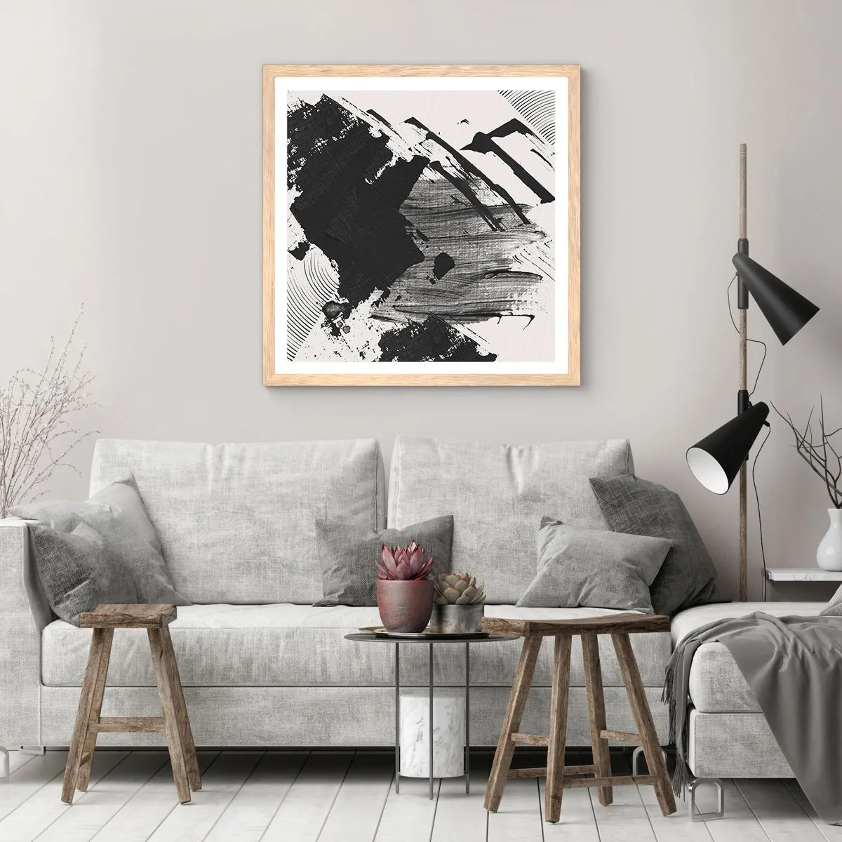 Poster in light oak frame - Abstract - Expression of Black - 50x50 cm