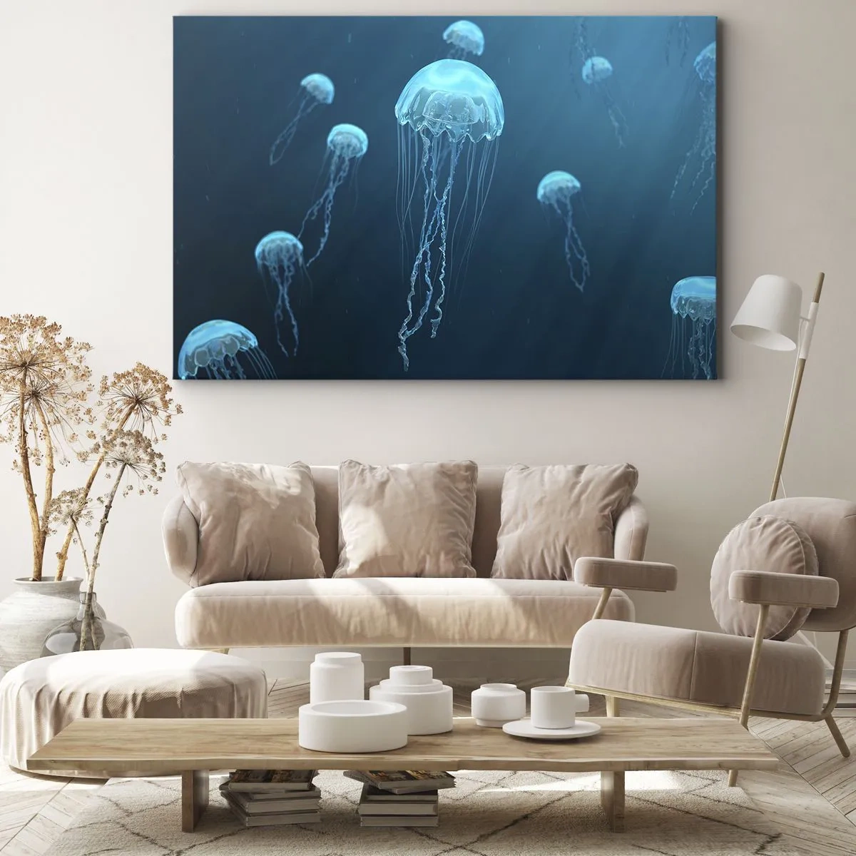 Canvas picture - Jellyfish floating in the depths of the ocean in blue tones - 70x50cm - Ocean Dance - Modern wall decoration for the living room and bedroom ARTTOR