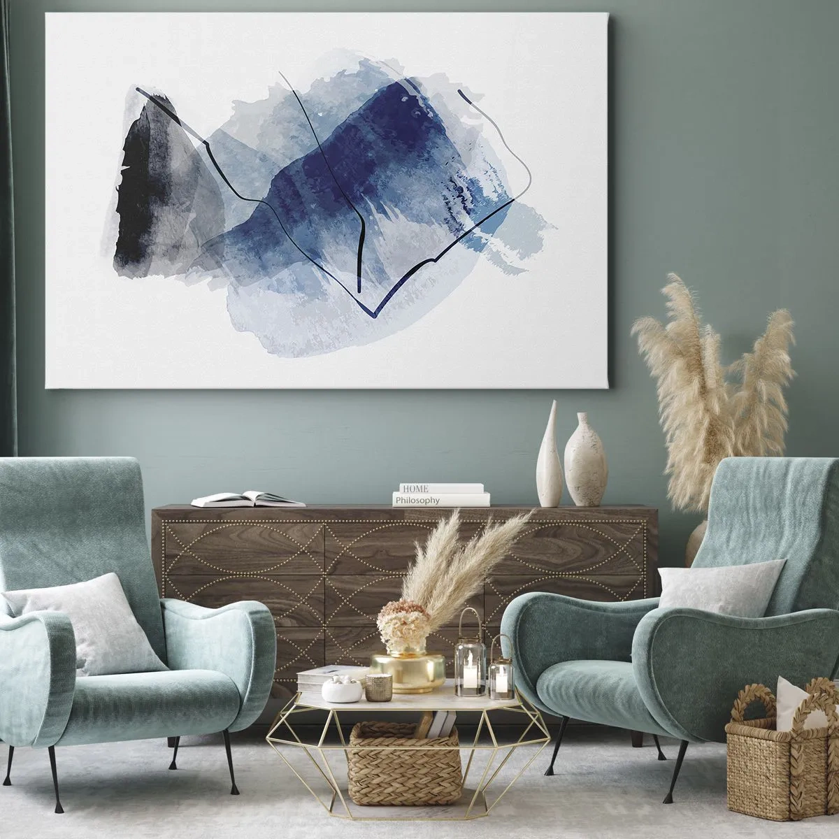 Canvas picture - Abstract forms in shades of blue with delicate lines - 70x50cm - Ice Mountain - Modern wall decoration for the living room and bedroom ARTTOR