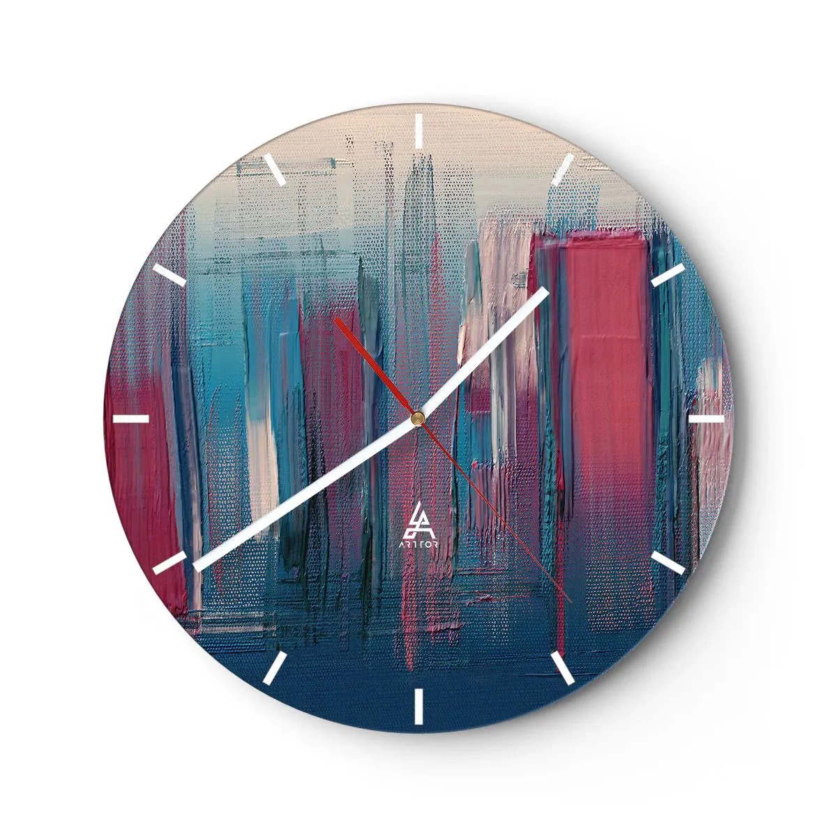 Wall clock - Clock on glass - Vertical stripes of blue and red in an artistic style - 30x30cm - Vertical Composition In Blue And Red - Modern wall decoration for the living room, kitchen, and bedroom ARTTOR