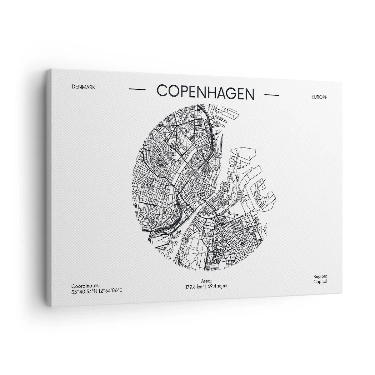 Canvas picture - A map of Copenhagen in a minimalist black and white style. - 70x50cm - Anatomy of Copenhagen - Modern wall decoration for the living room and bedroom ARTTOR