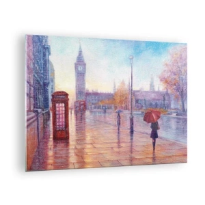 Glass picture - London scene in the rain with Big Ben and the red box - 70x50cm - London Autumn Day - Modern wall decoration for the living room and bedroom ARTTOR