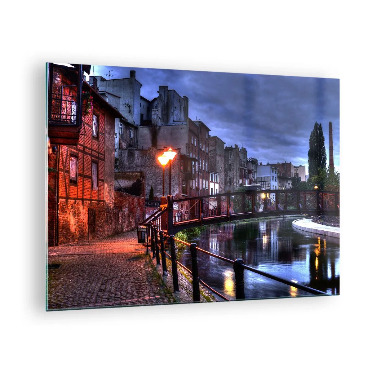 Glass picture - A charming street along the canal with a bridge and evening lighting - 70x50cm - Bydgoszcz You Did Not Know - Modern wall decoration for the living room and bedroom ARTTOR