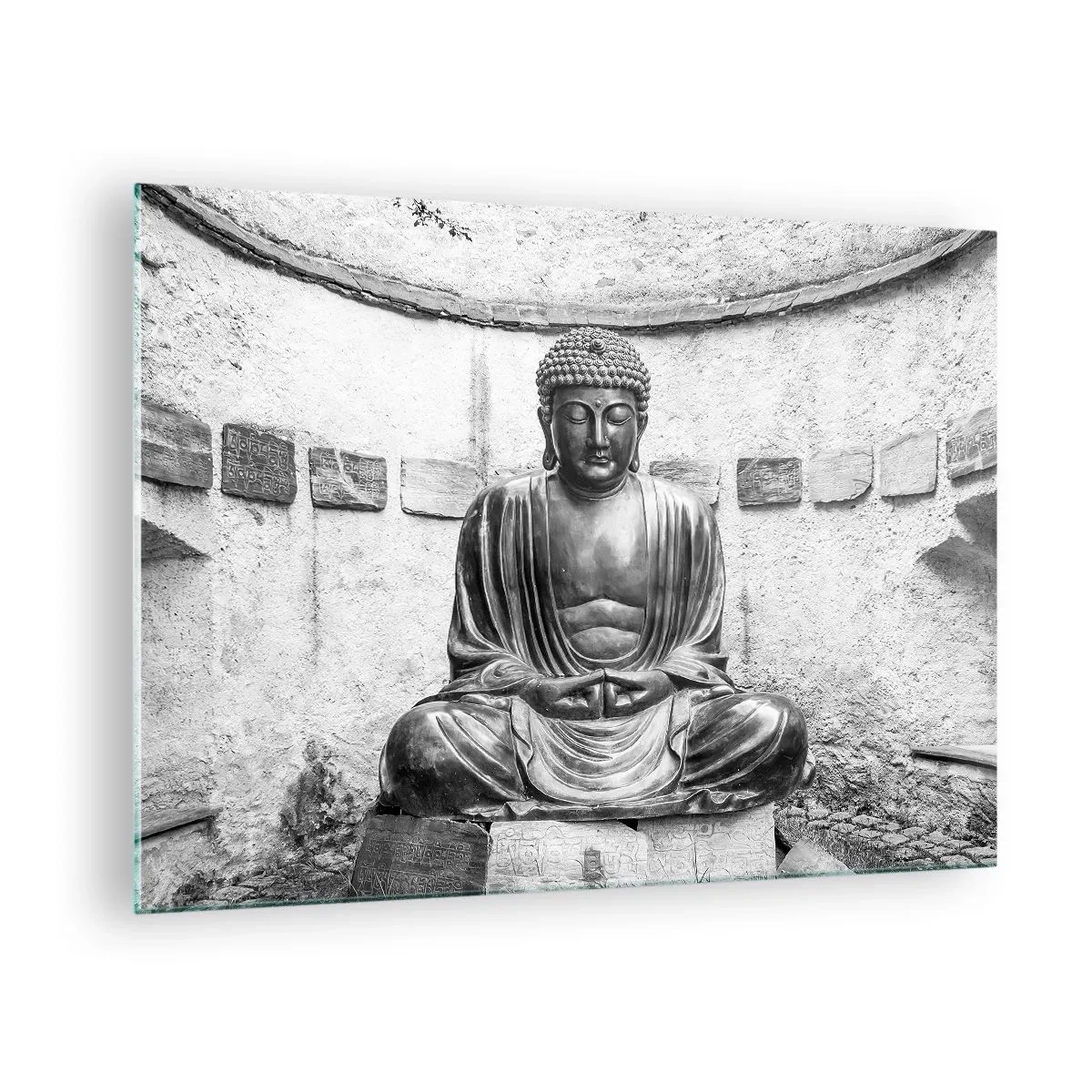 Glass picture - Black and white statue of Buddha in a meditative pose - 70x50cm - At the Source of Peace - Modern wall decoration for the living room and bedroom ARTTOR