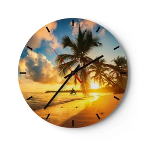 Wall clock - Clock on glass - A beach with palm trees illuminated by the setting sun - 30x30cm - Caribbean Dream - Modern wall decoration for the living room, kitchen, and bedroom ARTTOR