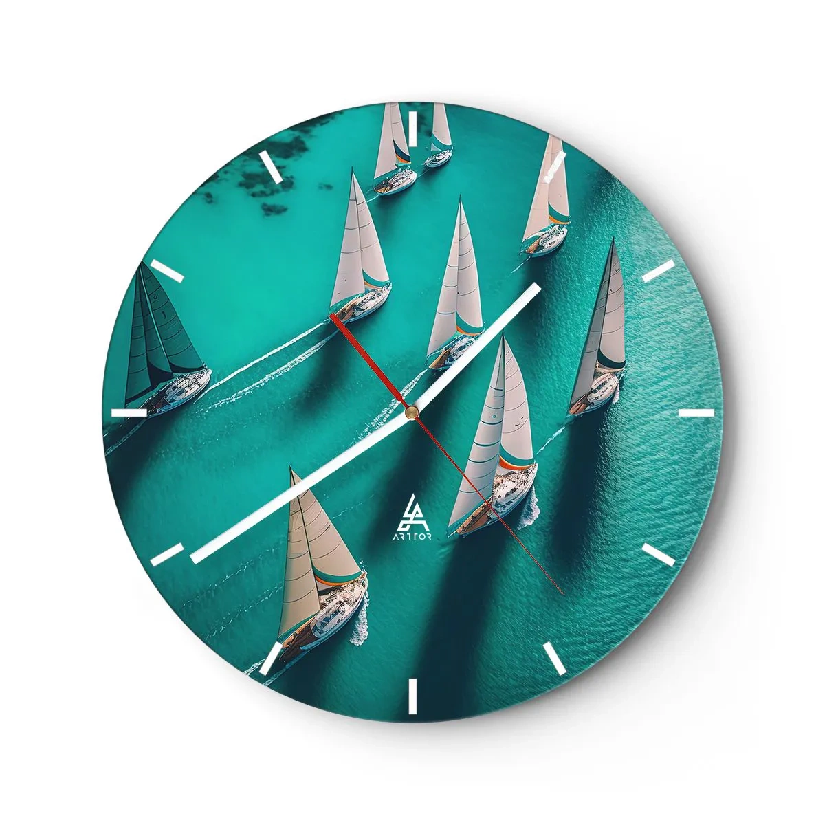 Wall clock - Clock on glass - Sailing yachts on turquoise water in a dynamic arrangement - 30x30cm - Competing with the Wind - Modern wall decoration for the living room, kitchen, and bedroom ARTTOR