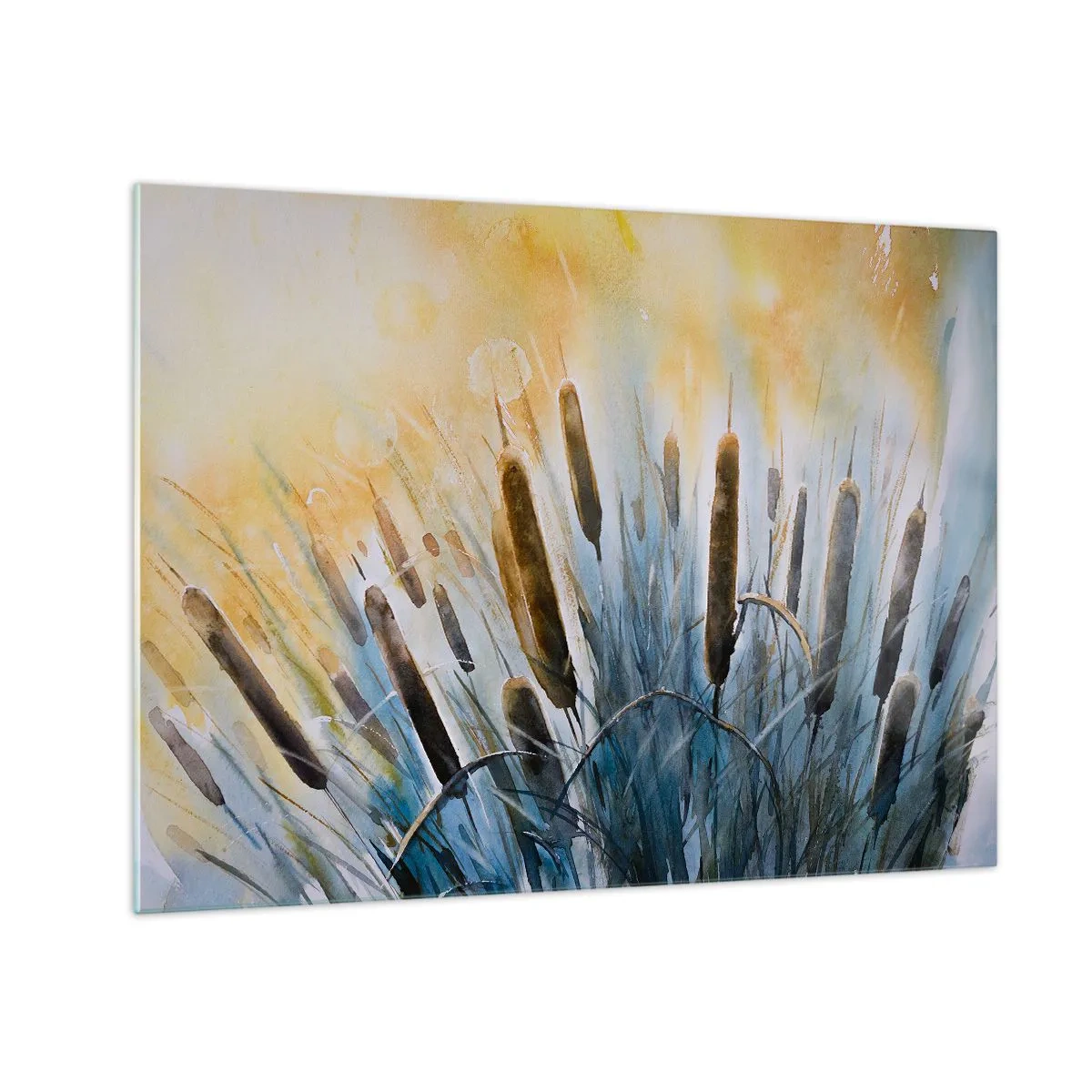 Glass picture - Painted cattails against a sunny sky - 70x50cm - Coolness of Water, Heat of the Sun - Modern wall decoration for the living room and bedroom ARTTOR