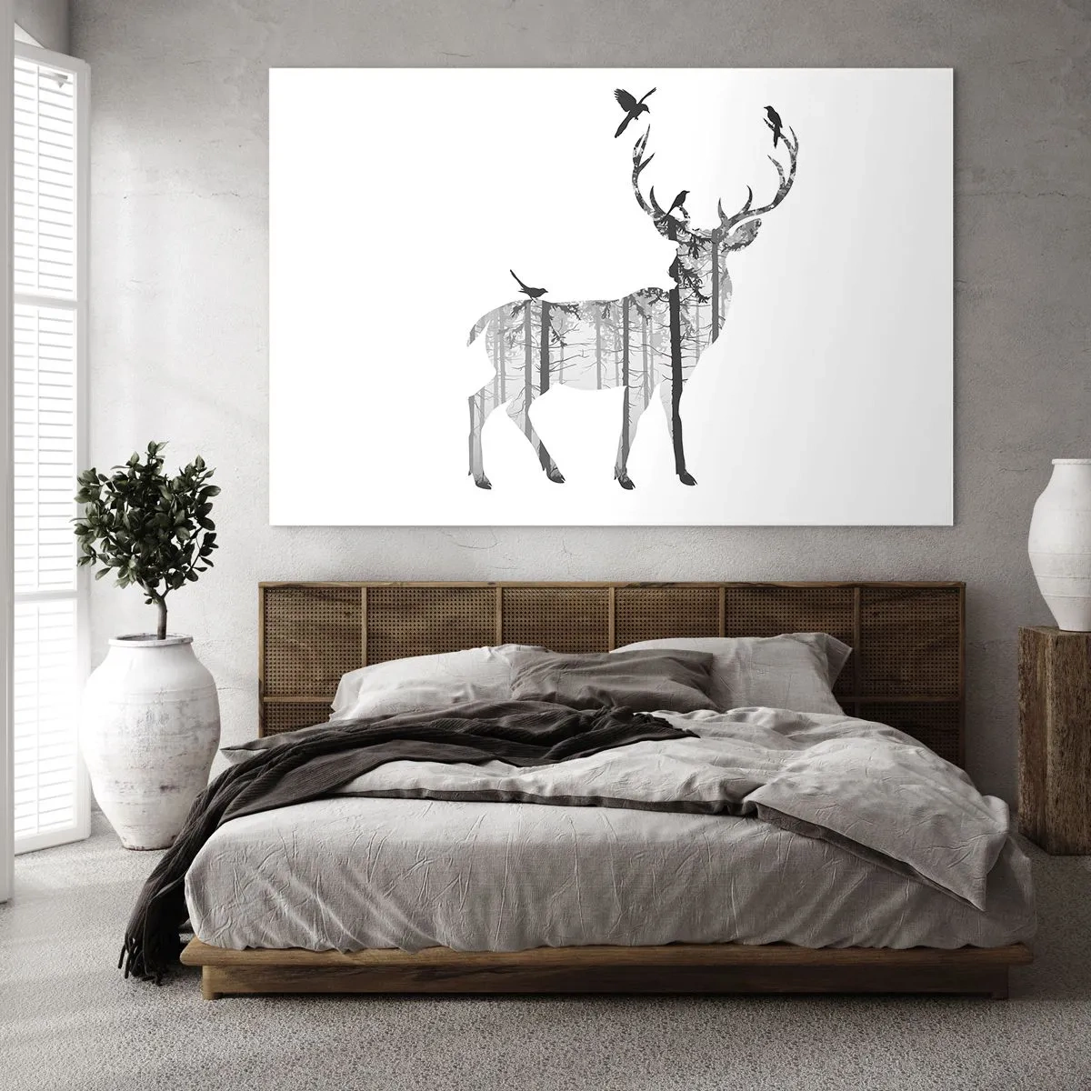Glass picture - Graphic silhouette of a deer with a forest motif and birds - 70x50cm - Good Spirit of a Forest - Modern wall decoration for the living room and bedroom ARTTOR