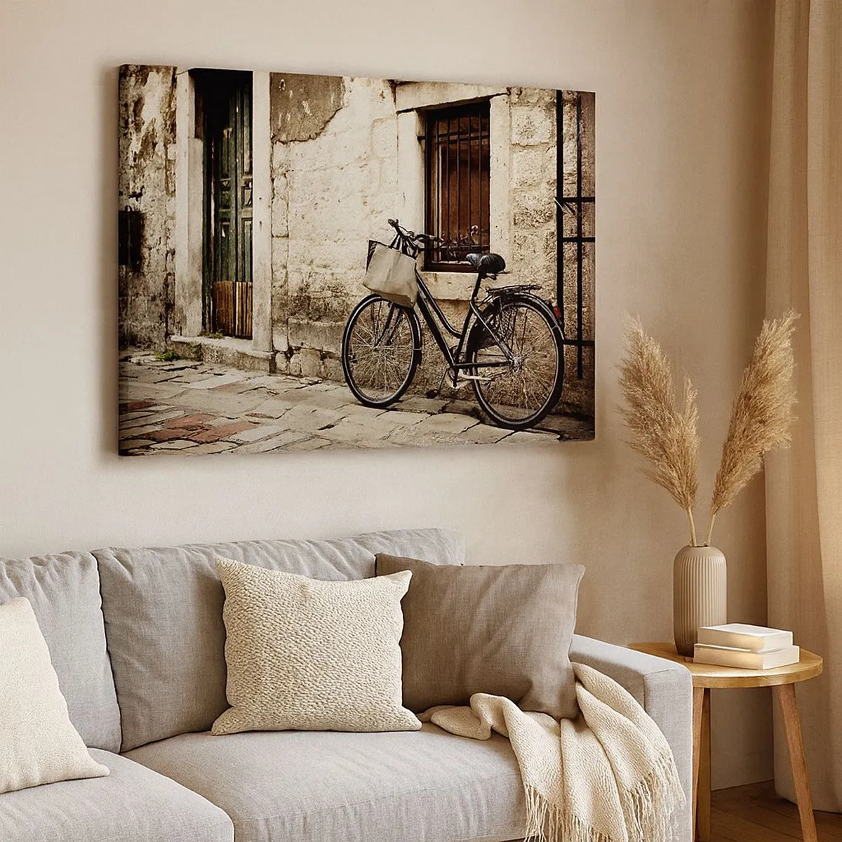 Canvas picture - A bicycle against a stone wall with a retro-style window and door - 70x50cm - Back to the Past - Modern wall decoration for the living room and bedroom ARTTOR