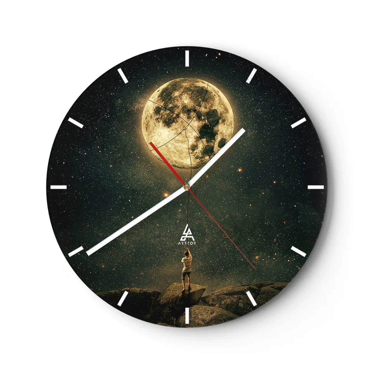Wall clock - Clock on glass - A person on a rock catching the moon against a starry sky - 30x30cm - One that Stole the Moon - Modern wall decoration for the living room, kitchen, and bedroom ARTTOR